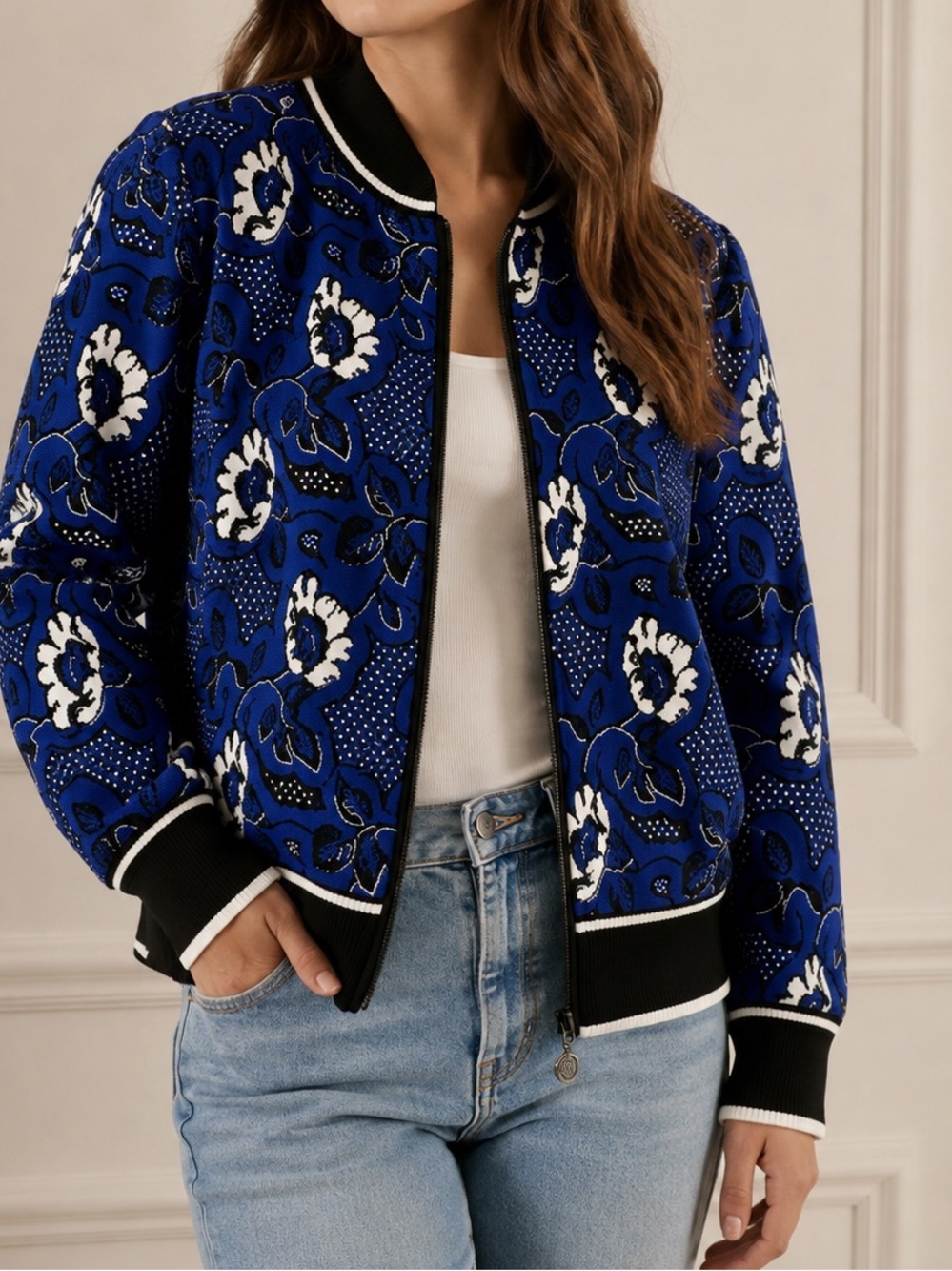 Anne Klein Royal Blue Floral Zip Bomber Jacket